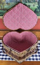 Vintage Lg Heart Shaped Picnic Basket•Bent Rattan/Wicker w/Hinged Lid & Handles  picture