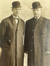 H4 RPPC Postcard Photograph 2 Handsome Men Wearing Bowler Hats Black Trench Coat picture
