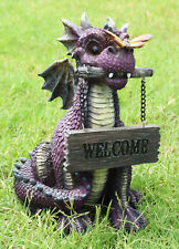 Whimsical Purple Garden Dragon With Butterfly Biting Welcome Plank Sign Figurine picture