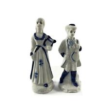 Musical Couple Porcelain Figurines Colonial Style Cobalt Blue and White 2 Pieces picture