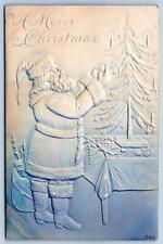 1906 A MERRY CHRISTMAS*EMBOSSED SANTA CLAUS TRIMMING TREE*BLUE WHITE OMBRE picture