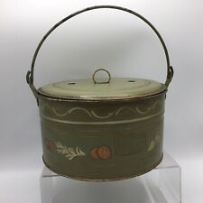 Toleware Painted Tin Bucket Pail Olive Green Lidded Handle Lg Primitive Folk Vtg picture