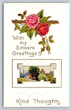 Pink Roses & Country Setting Sincere Greetings Embossed Vintage Postcard 1092 picture