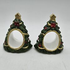 Vintage Ceramic Green/Red/Gold Christmas Tree With Star Napkin Ring Holders  picture