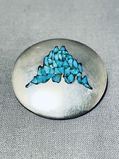 EXTRAORDINARY VINTAGE NAVAJO TURQUOISE CHIP INLAY STERLING SILVER ROUND PIN picture