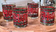 4 Vintage MCM HOUZE HAPPY HOLIDAYS Rocks Cocktail Glasses Stained Glass Design picture