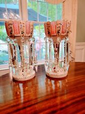 Pair of Bohemian Czech White and Cranberry Mantle Lusters with Cut Crystal Prism picture