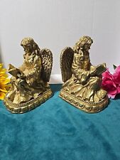 Vintage Gold Gilded Resin READING ANGELS Book Ends,  Heavy & Solid picture