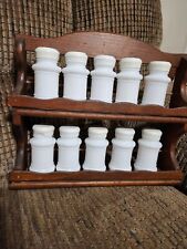 Vintage Milk Glass Spice Jar Set 2 Tier Wood Rack 10pc Jars Label Your Own Spice picture