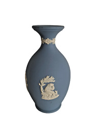 Wedgwood England Blue Jasperware White On Blue Vase Cherubs 5” Vintage picture
