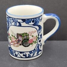 Vintage Imari Porcelain Coffee Mug Blue White Rickshaw Wagon Flowers Japan picture