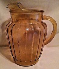 AMBER PITCHER GLASS ICE LIP VINTAGE CRACKLE TEXTURE RIBBED HANDLE UNMARKED. picture