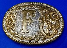 Initial Letter F Vtg. Flower Swirl Rope Border Two Tone Belt Buckle by Crumrine picture