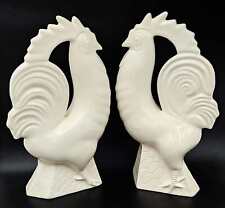 Vintage French Country Style Erphila Cream Colored Ceramic Rooster Bookends picture