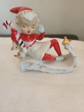 VIintage Ceramic Figures Pixies Elf On Sled w Kitty Cat & Candy Cane Rare Read  picture