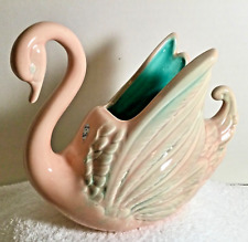 Vintage MID CENTURY SWAN PLANTER VASE FIGURINE Light Coral Color Accented w/Teal picture