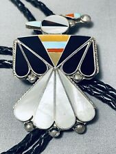 ASTOUNDING VINTAGE ZUNI TURQUOISE STERLING SILVER THUNDERBIRD BOLO picture