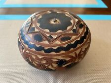 Vintage Signed Peruvian Folk Art Hand Carved Gourd w/Lid Trinket Box Handmade picture