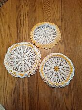 Vintage Lot of 3 Hand Crochet Orange  And White Ruffled Doilies picture