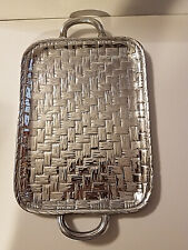 Serving Tray Handled 13 x 9.5 Woven Basket Pattern Shiny Silver Tone Metal Heavy picture