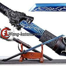 Handmade Wolf Sword Blue Straight Carbon Steel Blade Chinese Tang Dao with Belt picture