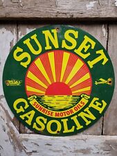 VINTAGE SUNSET GASOLINE PORCELAIN SIGN GAS STATION PUMP PLATE SUNRISE MOTOR OIL picture