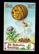 c1909 Halloween Postcard Pumpkin Air Balloon Campfire Embossed picture