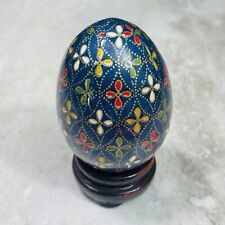 Vintage Blue Wood Enamel Floral Gold  Painted Egg Decor 2.25” Lacquer No Stand picture