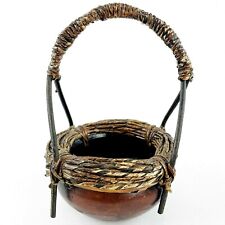 Vintage Redware Pottery Pot Basket With Woven Wood Handle Handmade Rustic 10