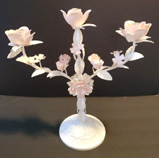 White & Pink Floral Toleware Candelabra for 3 Tapered Candles 14.5