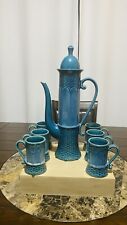 Vintage Norleans JAPAN Coffee Tea Set w/6 Cups Tall Urn w/Lid Blue MCM Woven picture