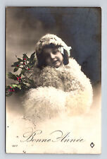 c1913 RPPC Hand Colored Portrait Young French Girl Mistletoe Wooly Coat Postcard picture
