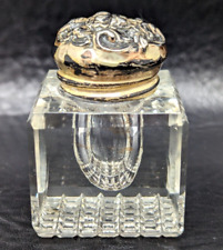 Antique Art Nouveau Floral Sterling Silver Screw Lid Cut Glass Cube Inkwell A24 picture