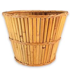 Vintage Split Bamboo Planter Basket Round Brown Woven Handicraft Basket 1970 picture