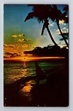 Waikiki HI-Hawaii, Sunset on Beach, Palm Trees, Antique Vintage Postcard picture