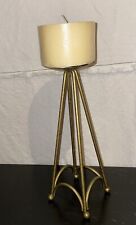 Vintage MCM 8.5” Brass Four Leg  Candle Holder with New Cream Candle 2” picture