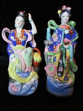 VINTAGE RARE PAIR CHINESE WOMEN RAISED FLOWERS IN HAIR & DRESS MANY DETAILS picture