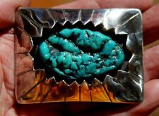 HEFTY Old Pawn Navajo Sterling Silver & Turquoise Stone Nugget Belt Buckle picture