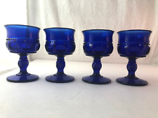4 Indiana Glass Kings Crown Thumbprint Cordial Goblet Cobalt Blue 4 1/8” Tall picture