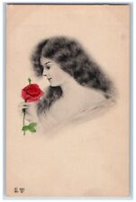 Pretty Woman Postcard Curly Hair With Red Rose Flower c1910's Unposted Antique picture