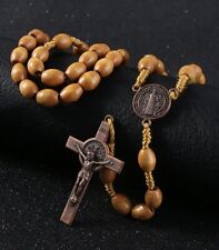 St Saint Benedict (The Protector) Wood Bead holy Catholic Rosary Copper Crucifix picture