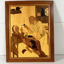 Folk Art Marquetry Wood Inlay Grandparents Family Scene Wall Plaque ~ 12” X 10” picture