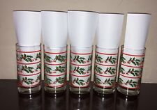 Vintage Christmas Holly Glasses Lot of 5 Indiana Glass 12 Ounce Tumblers picture