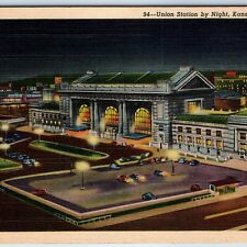 1941 Kansas City KS Union Station Lit Up Beautiful Night Lights Glass Depot A248 picture