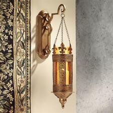 Fleur De Lis Filigree Metal Scrollwork Amber Glass Hanging Pillar Wall Lantern picture