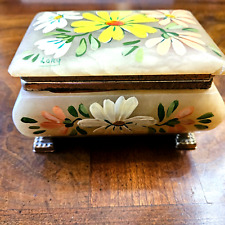 Vintage Hand Crafted & Painted Floral Alabaster Hinged Lid Trinket/Jewelry Box. picture