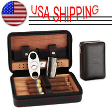 Black Travel Cedar Leather Cigar Humidor Case Box Torch Lighter Cutter Gift Set picture