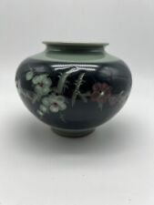 Vintage Floral Ceramic Vase Green and Pink Flowers picture