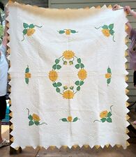 Expertly Hand Stitched Vintage Yellow Flower & Leaves Applique Quilt 74