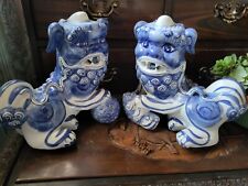 Foo Dogs Pair 1960s Mid Century Blue & White Chinoiserie Perfect picture